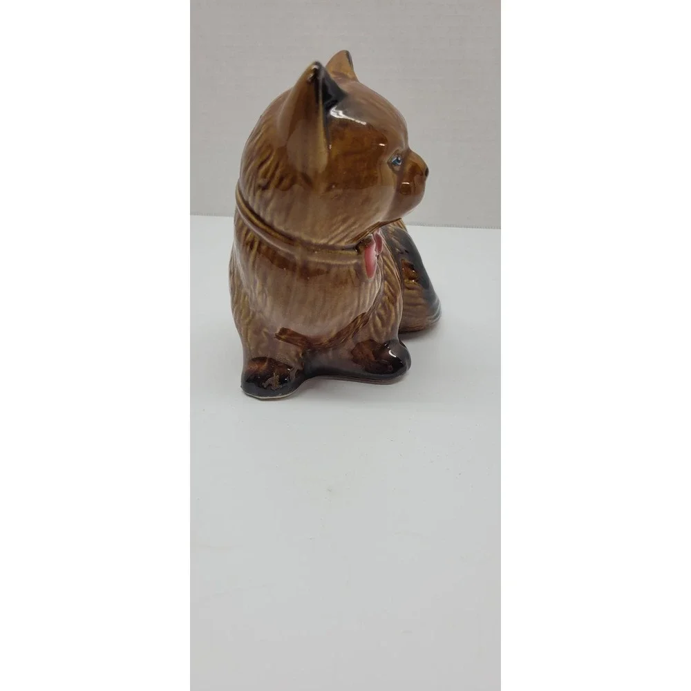 Vintage Porcelain Kitty‎ Cat Handcrafted Collectibles Brown Black Red Bow Tie